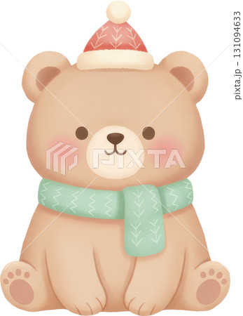 Cute cartoon bear wearing a festive winter hat and scarf Cute cartoon bear wearing a festive winter hat and scarf 131094633