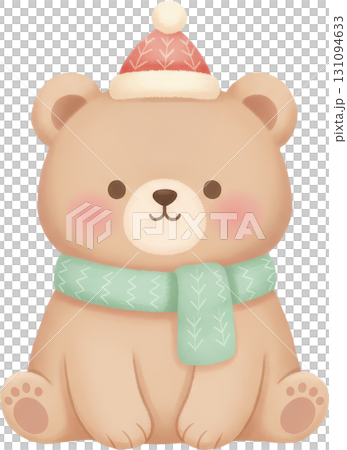 Cute cartoon bear wearing a festive winter hat and scarf Cute cartoon bear wearing a festive winter hat and scarf 131094633