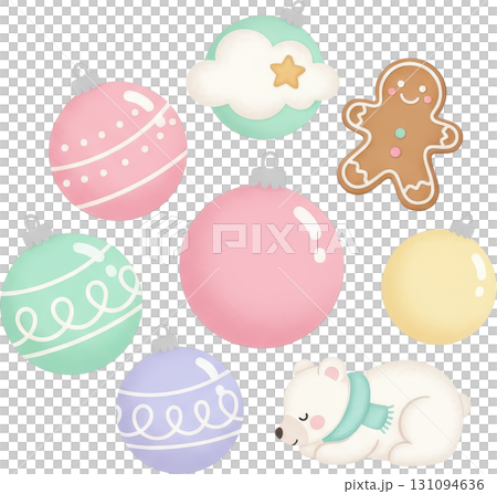 A charming collection of cute pastel Christmas ornaments like a cloud gingerbread man and a sleeping polar bear adorned with festive details for the holidays 131094636