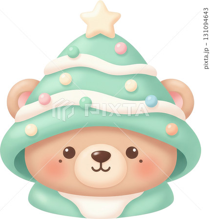 Cute teddy bear wearing a festive Christmas tree hat with ornaments 131094643
