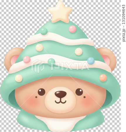 Cute teddy bear wearing a festive Christmas tree hat with ornaments 131094643
