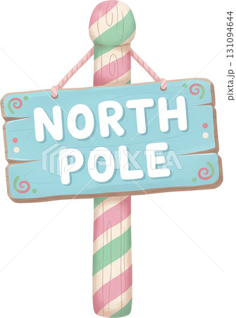 Decorative holiday signpost pointing to the North Pole with candy cane stripes 131094644