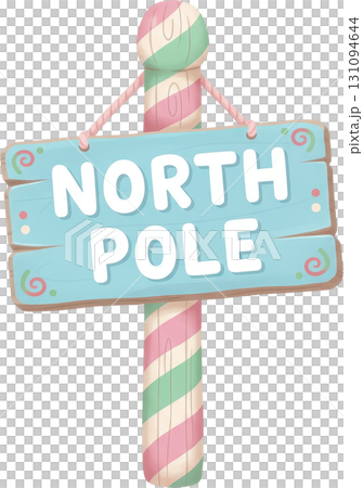 Decorative holiday signpost pointing to the North Pole with candy cane stripes 131094644