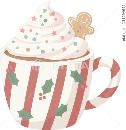 Festive Christmas mug with whipped cream sprinkles and gingerbread cookie Festive Christmas mug with whipped cream sprinkles and gingerbread cookie 131094646