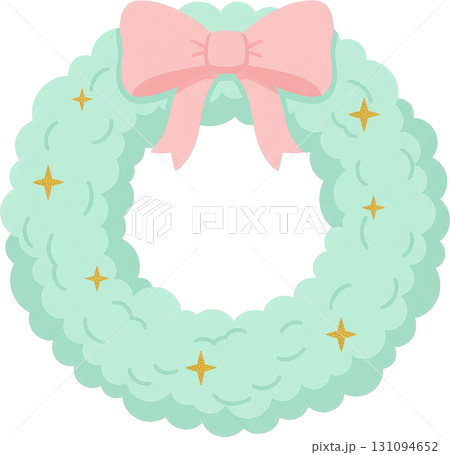 Mint green Christmas wreath with pink bow and gold stars 131094652
