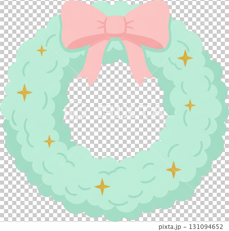 Mint green Christmas wreath with pink bow and gold stars 131094652