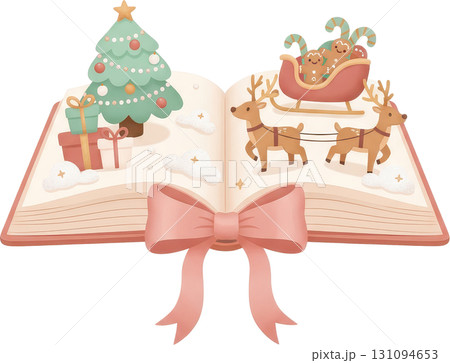 Open Christmas storybook with Santa s sleigh reindeer gifts and decorated tree 131094653