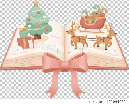 Open Christmas storybook with Santa s sleigh reindeer gifts and decorated tree 131094653