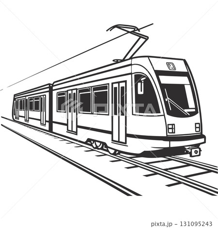 Black and White Line Art Illustration of a Modern Tram on Tracks 131095243