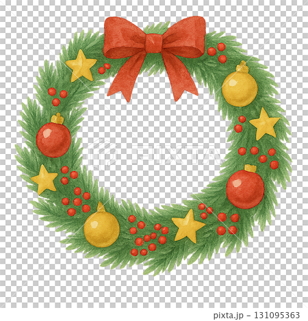 Christmas wreath illustration material (with ribbon and decorations / PNG cutout) 131095363