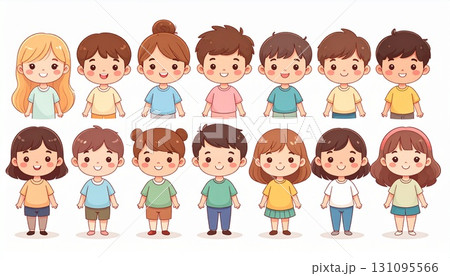 Cute kawaii children characters with cheerful faces, colorful outfits, diversity, friendship, joy, innocence, playfulness, childhood happiness, and togetherness 131095566