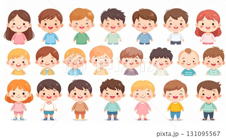 Cute kawaii children characters with cheerful faces, colorful outfits, diversity, friendship, joy, innocence, playfulness, childhood happiness, and togetherness 131095567
