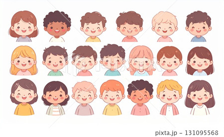 Cute kawaii children characters with cheerful faces, colorful outfits, diversity, friendship, joy, innocence, playfulness, childhood happiness, and togetherness 131095568