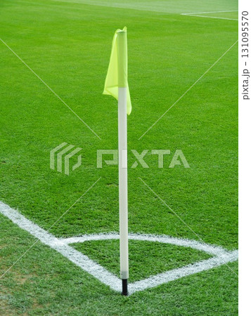 Green and white flag is on a field 131095570