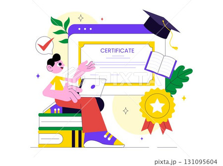 Online Course Certificate Program Illustration Featuring Learning Management System with Mobile Application, Online Coach, and Skill Development 131095604