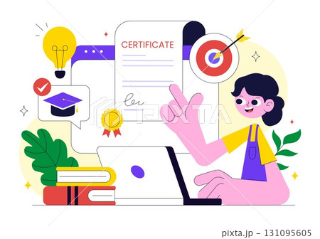 Online Course Certificate Program Illustration Featuring Learning Management System with Mobile Application, Online Coach, and Skill Development 131095605
