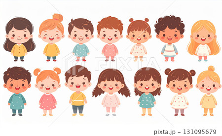 Cute kawaii children characters with cheerful faces, colorful outfits, diversity, friendship, joy, innocence, playfulness, childhood happiness, and togetherness 131095679
