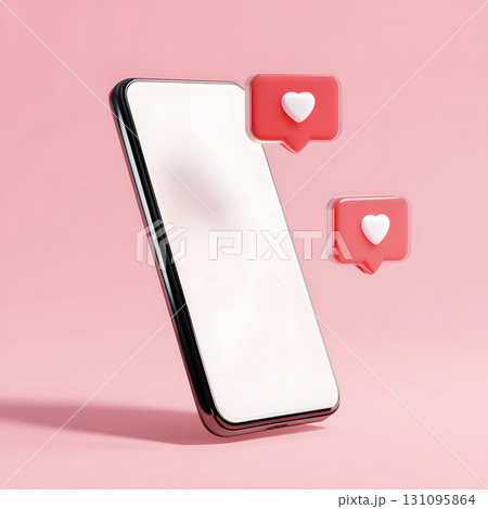 スマートフォンとSNSのいいね通知アイコン。ソーシャルメディアやマーケティングの背景素材 131095864