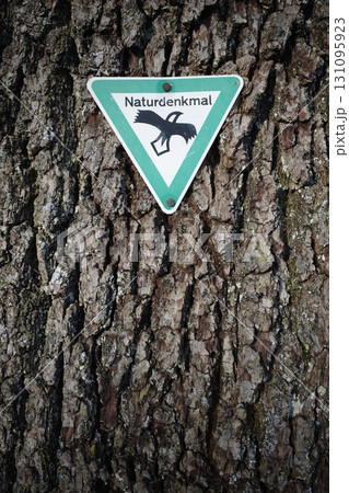 Sign is attached to a tree trunk 131095923