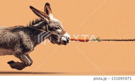 A donkey runs after a carrot tied to a rope decoy concept 131095971