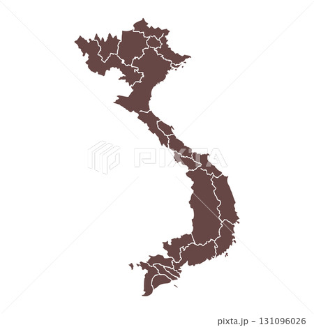 Detailed Brown Silhouette Map of Vietnam Divided into Provinces on White Background 131096026