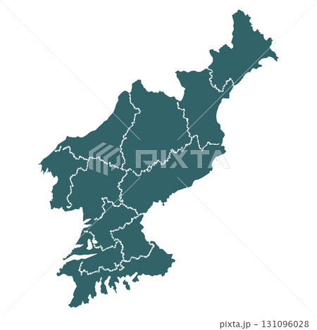 Dark Teal Silhouette Map of North Korea with Provincial Borders Highlighted in White 131096028