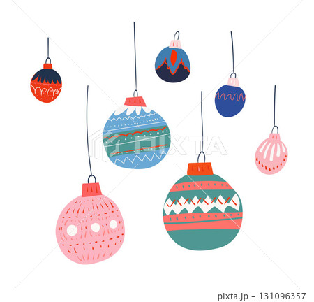Set of colorful Christmas tree balls with patterns hanging on strings isolated on white background. Flat vector illustration. Holiday decoration and celebration concept. Design for greeting card Set of colorful Christmas tree balls with patterns hanging on strings isolated on white background. Flat vector illustration. Holiday decoration and celebration concept. Design for greeting card 131096357