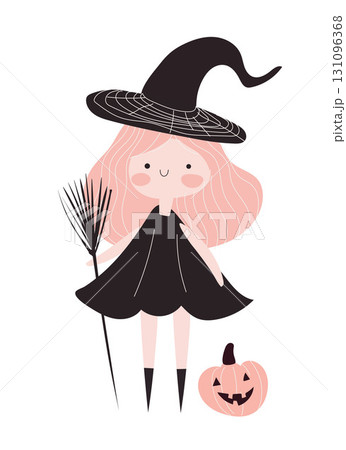 A cute little red-haired witch with a broom and wearing a black sorceress hat for Halloween, a festive masquerade party. Cute cartoon vector illustration on a white background. 131096368