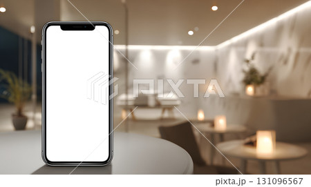 高級感ある室内に置かれたスマートフォンのモックアップ。アプリや広告デザイン用素材 高級感ある室内に置かれたスマートフォンのモックアップ。アプリや広告デザイン用素材 131096567