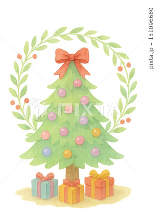 リースに囲まれた赤いリボン付きクリスマスツリーのイラスト素材（PNG切り抜き） 131096660