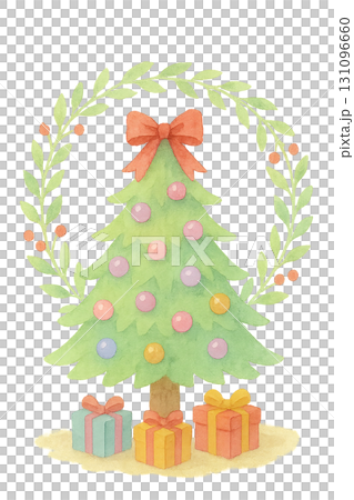 リースに囲まれた赤いリボン付きクリスマスツリーのイラスト素材（PNG切り抜き） 131096660
