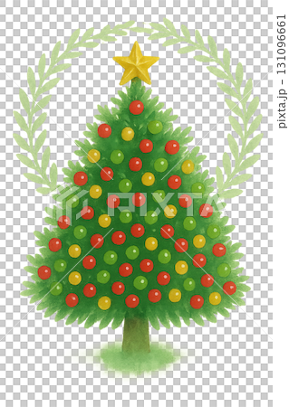 リースに囲まれた星付きクリスマスツリーのイラスト素材（PNG切り抜き） 131096661