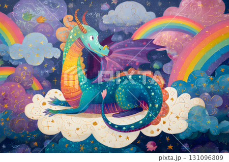 虹と雲の上にいるカラフルな青いドラゴンのイラスト。ファンタジーで夢のあるデザイン 131096809
