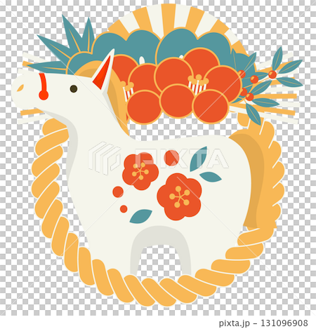 午年年賀状アイコン02、レトロカラー、白馬、二連椿のしめ飾り、かわいい、イラスト 午年年賀状アイコン02、レトロカラー、白馬、二連椿のしめ飾り、かわいい、イラスト 131096908