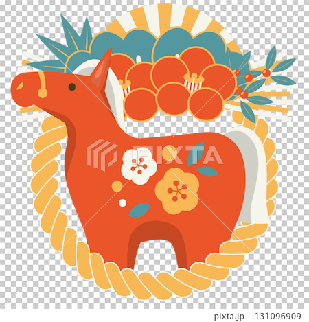 Year of the Horse New Year's card icon 02, retro color, red horse, double camellia decoration, cute, illustration 131096909