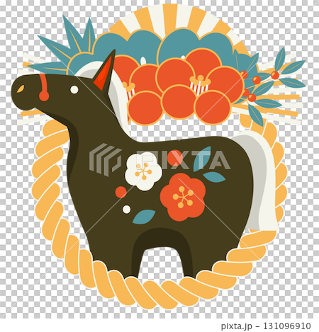Year of the Horse New Year's card icon 02, retro color, black horse, double camellia decoration, cute, illustration Year of the Horse New Year's card icon 02, retro color, black horse, double camellia decoration, cute, illustration 131096910