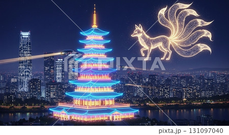 サイバーパンク都市に浮かぶ九尾狐と虎のネオンアート サイバーパンク都市に浮かぶ九尾狐と虎のネオンアート 131097040