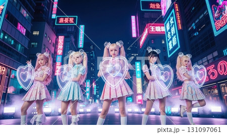 ハートモチーフのサイバーパンクKPOP風アイドル 131097061