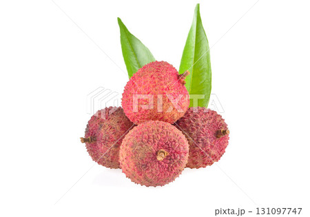 Lychee with leaves isolated on white background. 131097747
