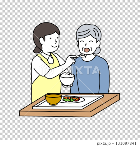 A caregiver assisting elderly people with meals 131097841