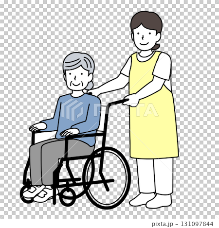 高齢者の車椅子を介助する介護士 131097844