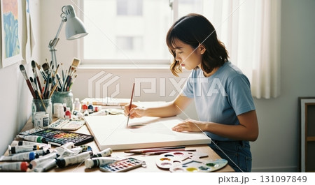 室内で画を描く女性アーティストの創作風景   131097849