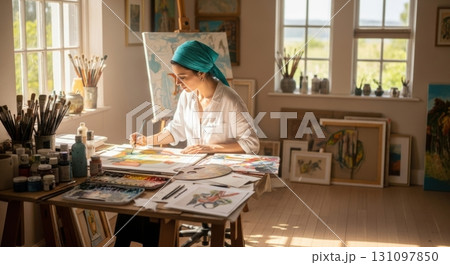 室内で画を描く女性アーティストの創作風景   131097850