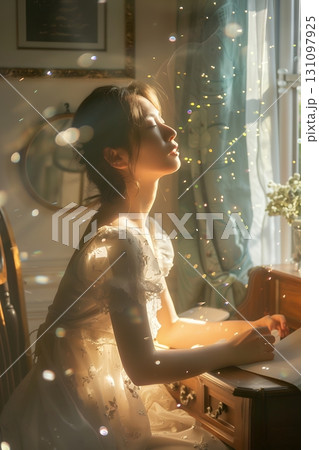 窓辺でくつろぐお洒落な大人の日本人美女（縦写真） 131097925
