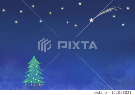 星空の下でキラキラ輝くクリスマスツリーの風景。流れ星が輝く幻想的なクリスマス夜空の背景イラスト。 星空の下でキラキラ輝くクリスマスツリーの風景。流れ星が輝く幻想的なクリスマス夜空の背景イラスト。 131098021