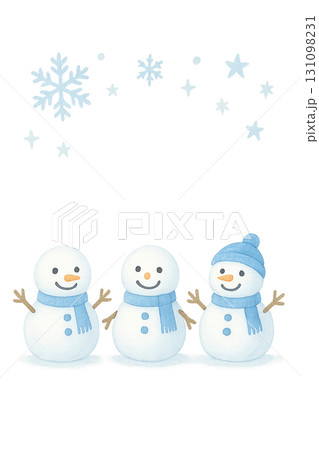 3人の雪だるまと雪の結晶イラスト素材（PNG） 131098231
