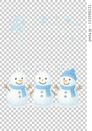 3人の雪だるまと雪の結晶イラスト素材（PNG） 131098231
