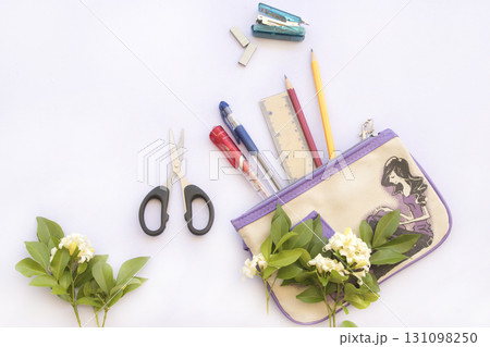 stationary with bag education arrangement flat lay style  131098250
