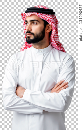 Man Arab Keffiyeh. A man of Middle Eastern descent with a beard, wearing a traditional white thobe and red Man Arab Keffiyeh. A man of Middle Eastern descent with a beard, wearing a traditional white thobe and red 131098427