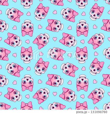 Seamless pattern with sweet kawaii skull with pink bow Seamless pattern with sweet kawaii skull with pink bow 131098760